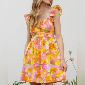 BLU PEPPER Ruffled Floral Pink and Orange Mini Dress